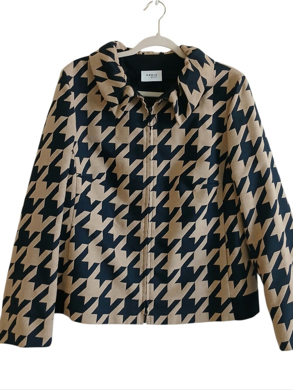 Akris Punto Wool Houndstooth Full Zip Jacket 14 Neutrals Academia Quiet Luxury